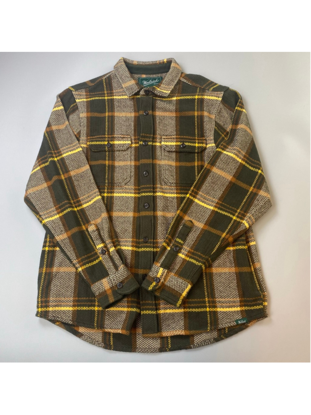 Woolrich Shirt Jacket Medium Plaid Green Brown Yellow Classic Woodsy Heritage